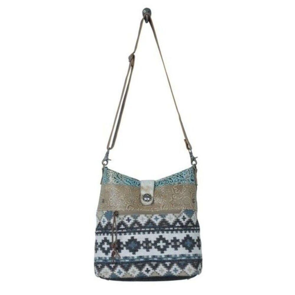 Myra Bag Handmade Brave Shoulder Bag Upcycled Canvas & Cowhide Leather - Picture 5 of 9
